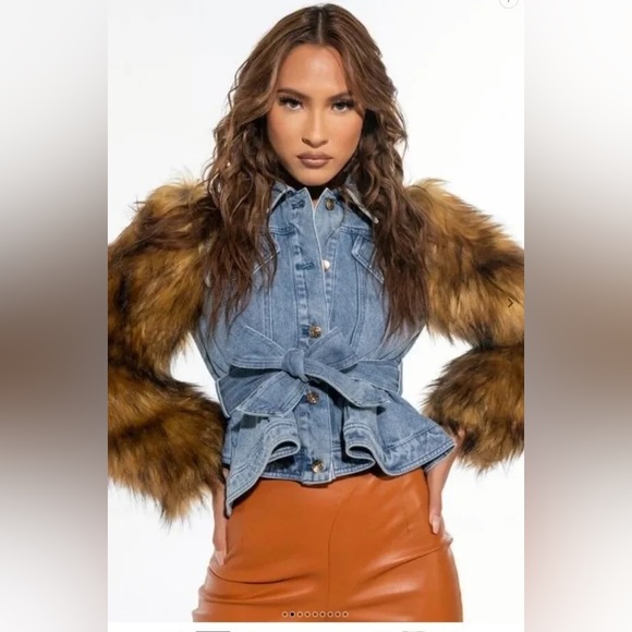 AZALEA WANG PORTUGAL DENIM FAUX FUR ARM JACKET - Picture 8 of 13
